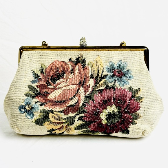 Verdi Mid-Century Vintage Floral Embroidered Bag GUC w/ Gold Tone Chain - Picture 4 of 14